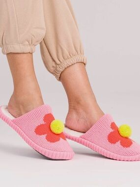 Cozy Pink Flower Knit Slippers with Pom Pom